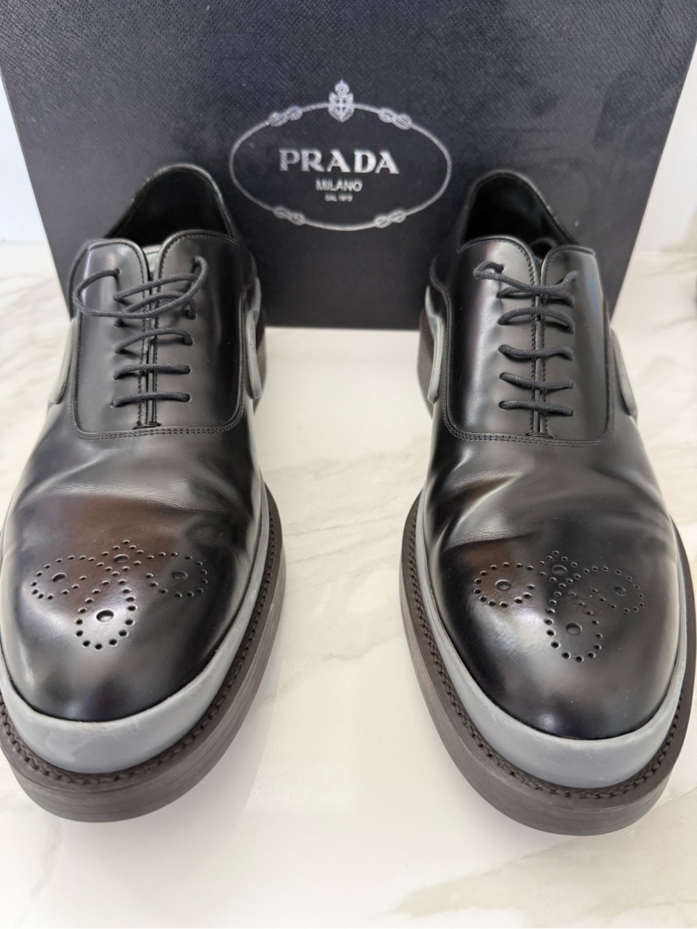 NIB Prada Runway Two-Tone Leather Derby Shoes Black/Grey Size 10.5